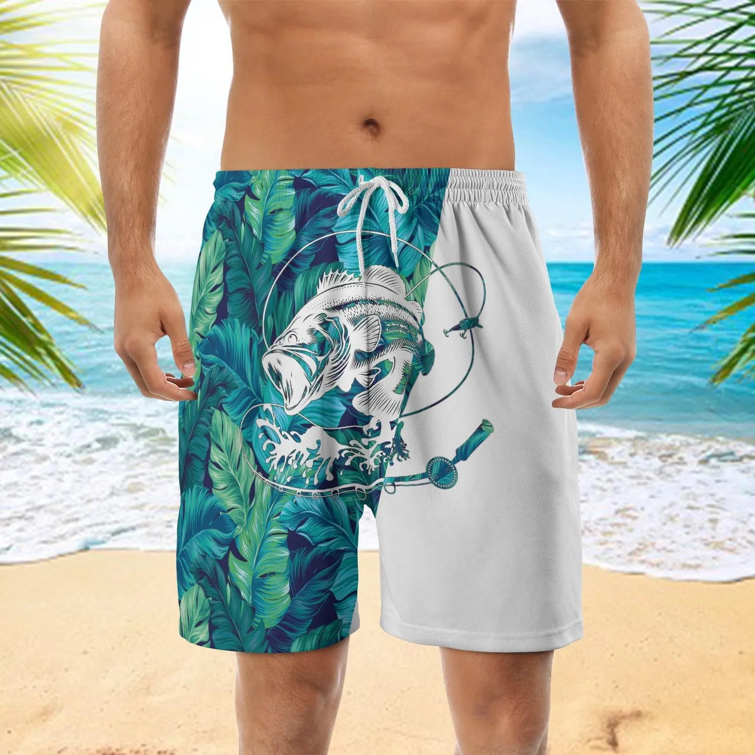 Bass Fish Mens Swim Trunks - Beach Hawaiian Mens Shorts Casual - Summer Drawstring Beachwear Shorts PA33