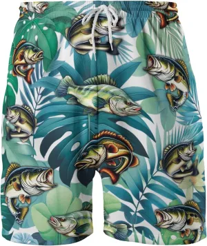 Bass Fish Mens Swim Trunks - Beach Hawaiian Mens Shorts Casual - Summer Drawstring Beachwear Shorts PA33