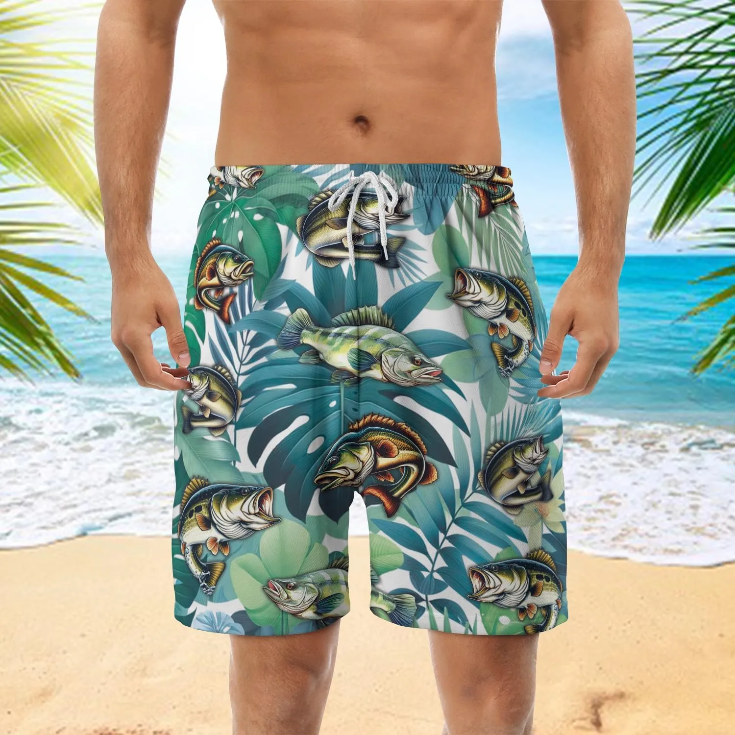 Bass Fish Mens Swim Trunks - Beach Hawaiian Mens Shorts Casual - Summer Drawstring Beachwear Shorts PA33