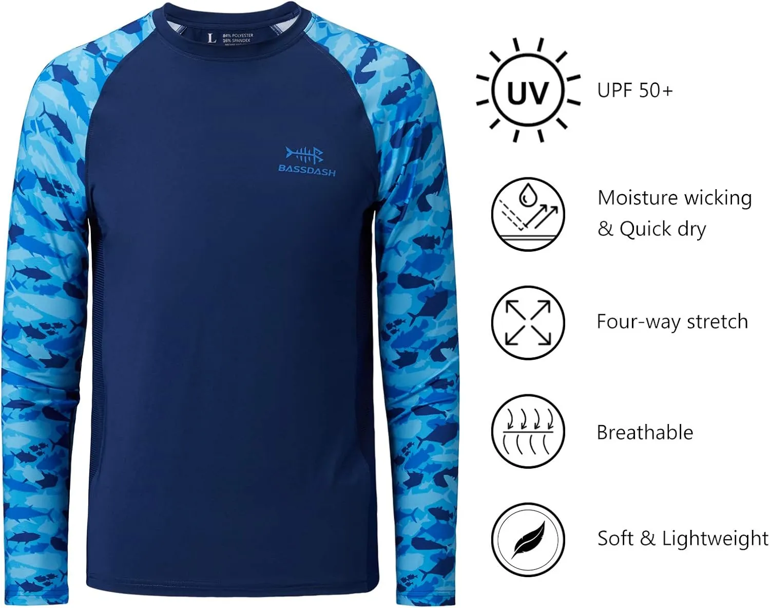BASSDASH Youth UPF50  Camo Long Sleeve Fishing Shirt UV Protection Quick Dry Tee