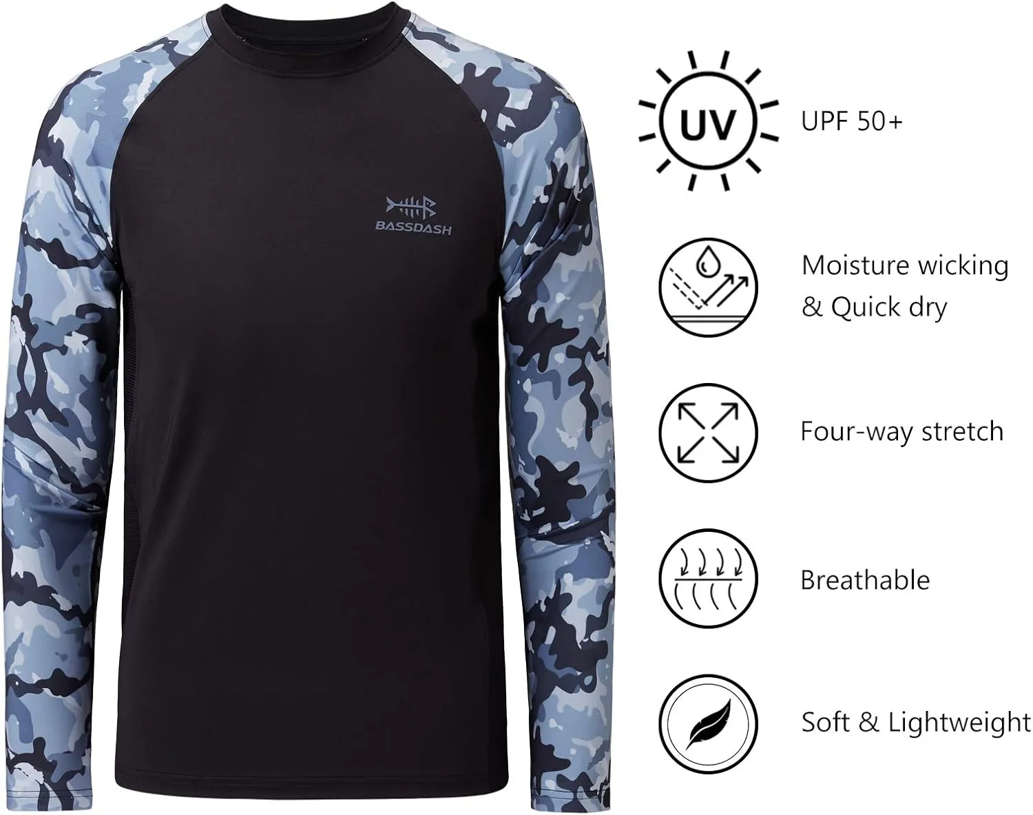 BASSDASH Youth UPF50  Camo Long Sleeve Fishing Shirt UV Protection Quick Dry Tee