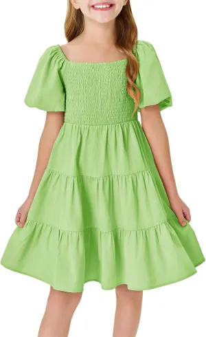 Batermoon Girls Boho Square Neck Puff Sleeve Off Shoulder Smocked Tiered Casual A Line Short Mini Dress