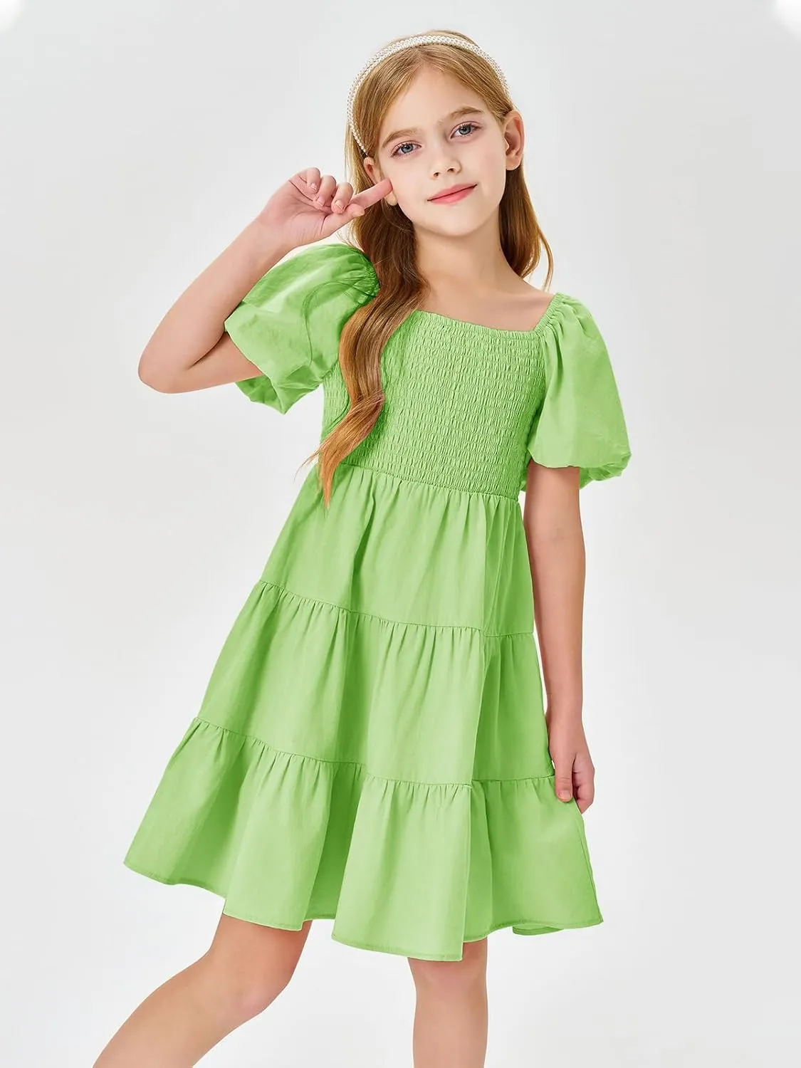 Batermoon Girls Boho Square Neck Puff Sleeve Off Shoulder Smocked Tiered Casual A Line Short Mini Dress