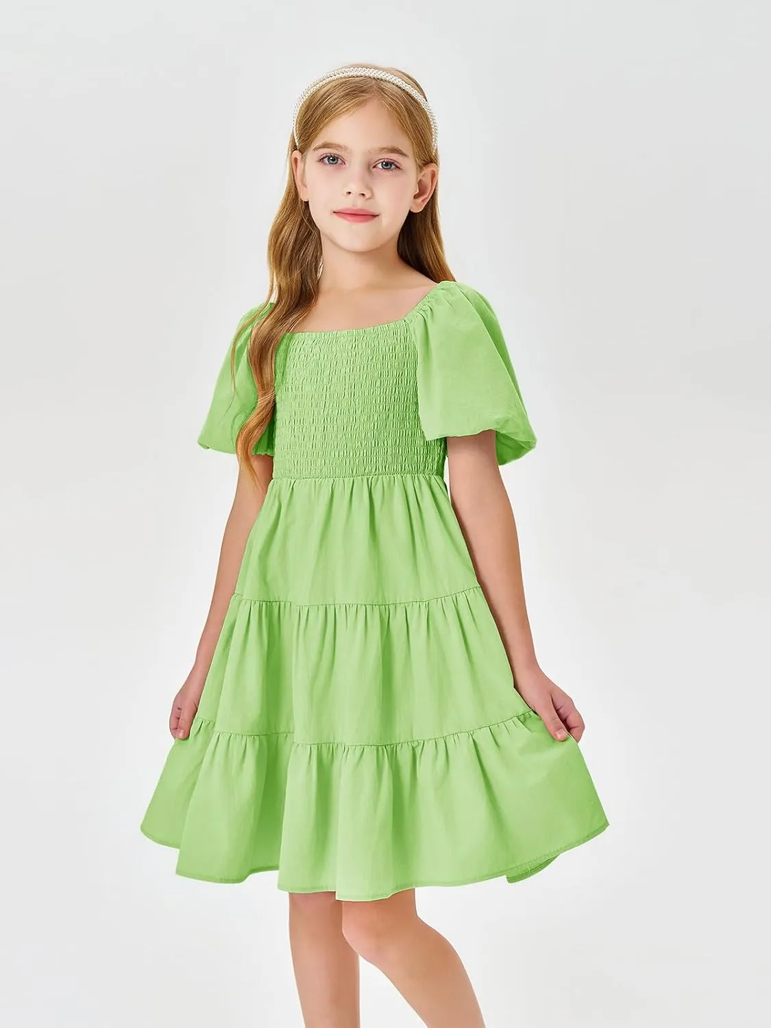 Batermoon Girls Boho Square Neck Puff Sleeve Off Shoulder Smocked Tiered Casual A Line Short Mini Dress
