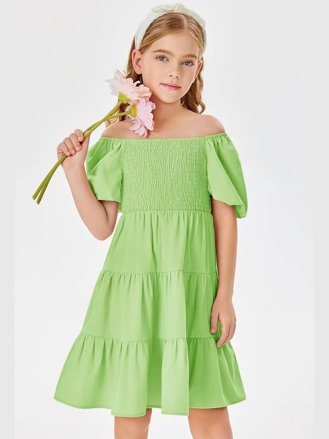 Batermoon Girls Boho Square Neck Puff Sleeve Off Shoulder Smocked Tiered Casual A Line Short Mini Dress