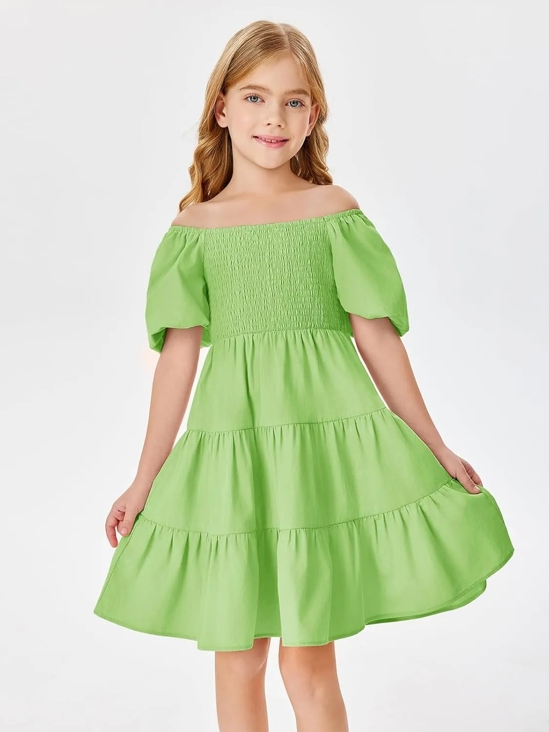 Batermoon Girls Boho Square Neck Puff Sleeve Off Shoulder Smocked Tiered Casual A Line Short Mini Dress