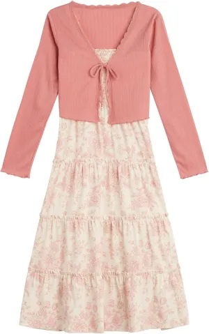 Beautees Girls' Sleeveless Smocked Tiered Maxi Dress and Cardigan