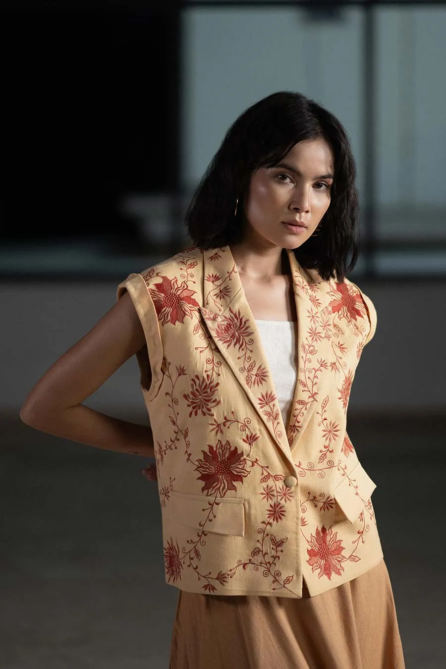 Beige Sunflower Embroidered Jacket