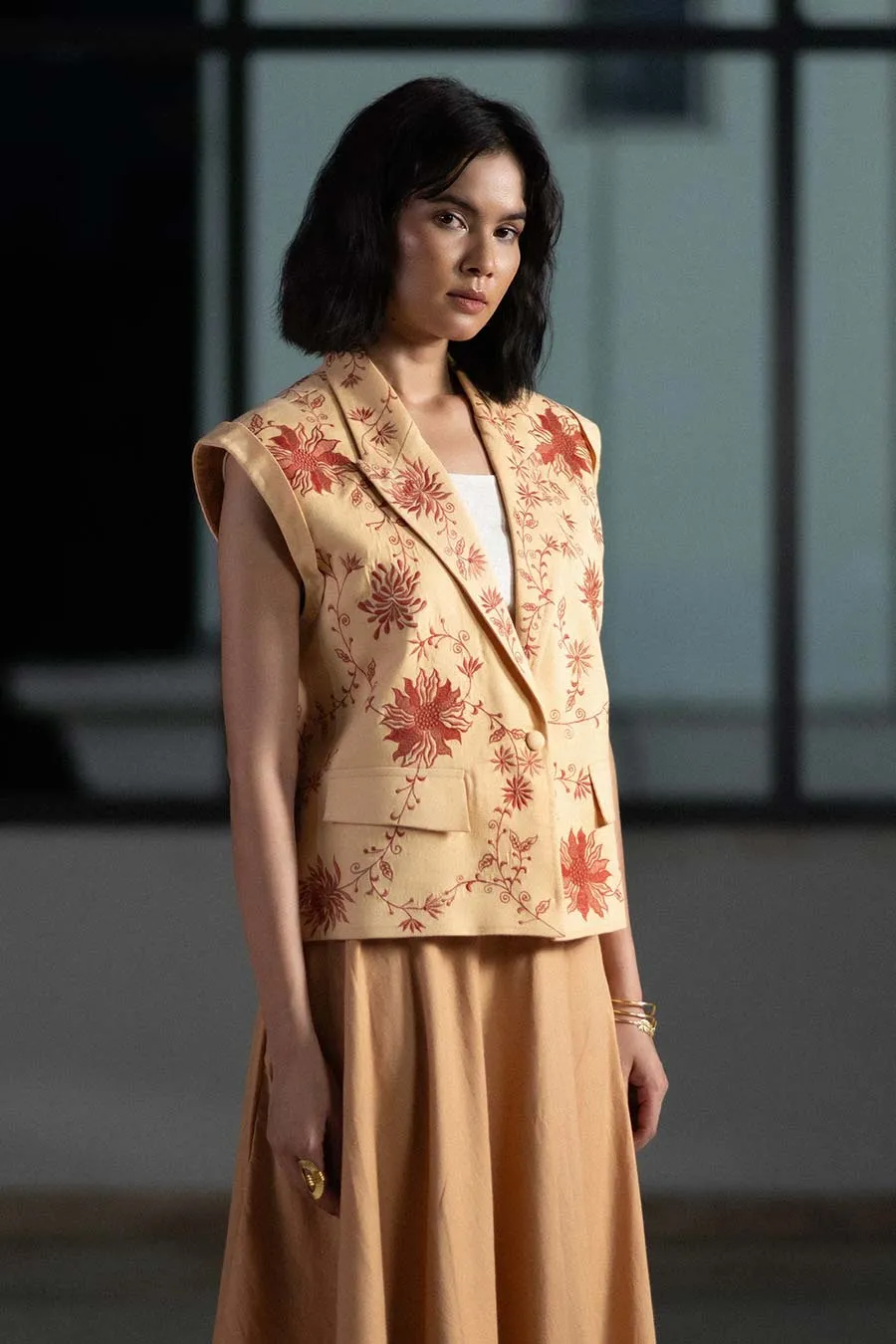 Beige Sunflower Embroidered Jacket