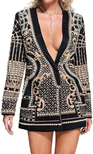 BELLA BARNETT Printed Blazer Dress for Women Blazer Dress Deep V Neck Women Blazer Long Sleeve Blazer Dress