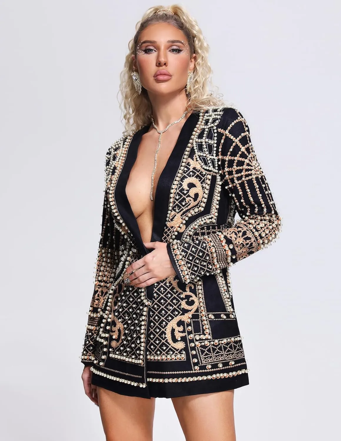BELLA BARNETT Printed Blazer Dress for Women Blazer Dress Deep V Neck Women Blazer Long Sleeve Blazer Dress