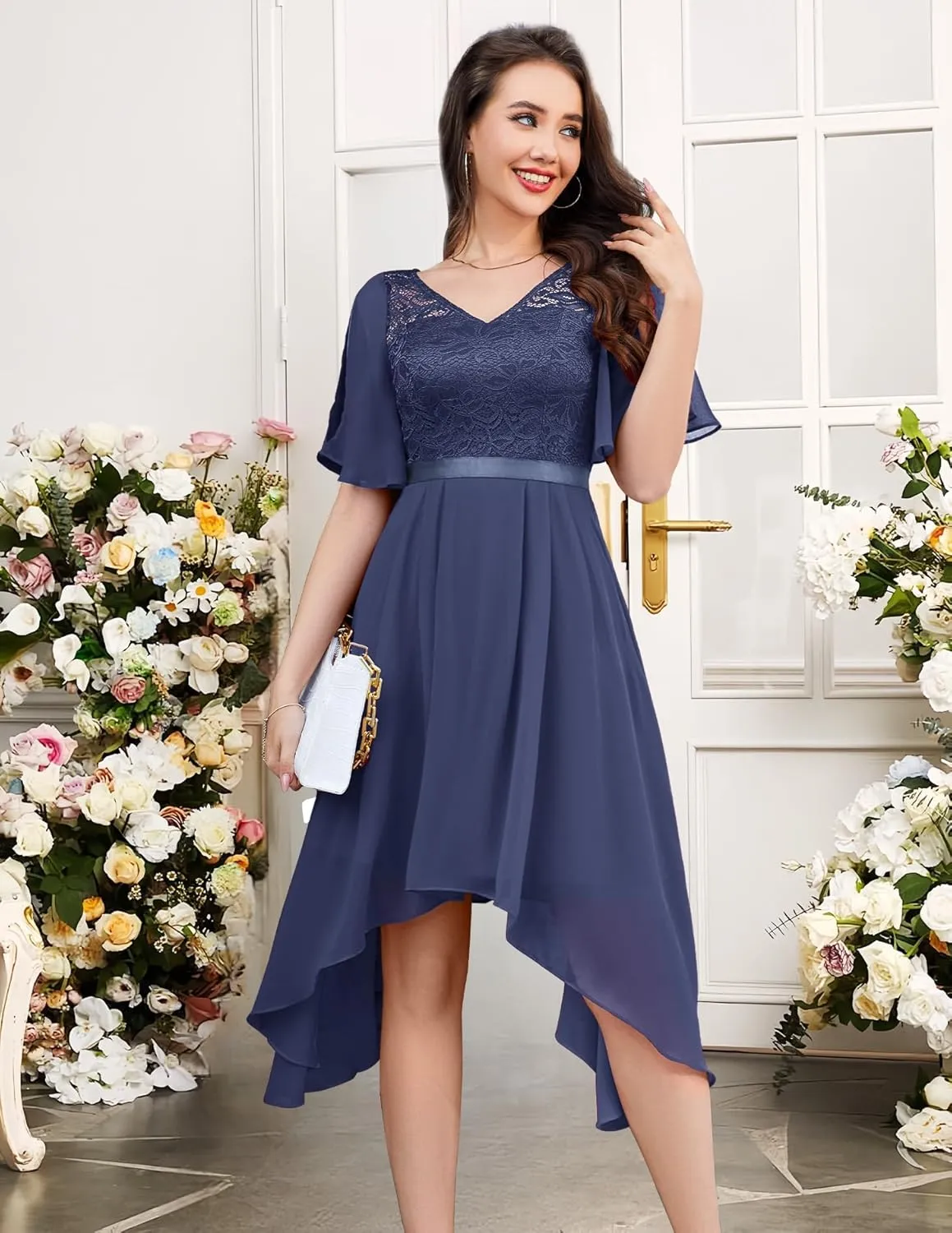 BeryLove Women's Prom Cocktail Formal Wedding Guest Lace Dress 2025 Flutter Sleeve Hem Bridesmaid Dresses