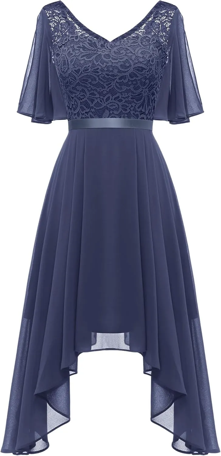 BeryLove Women's Prom Cocktail Formal Wedding Guest Lace Dress 2025 Flutter Sleeve Hem Bridesmaid Dresses