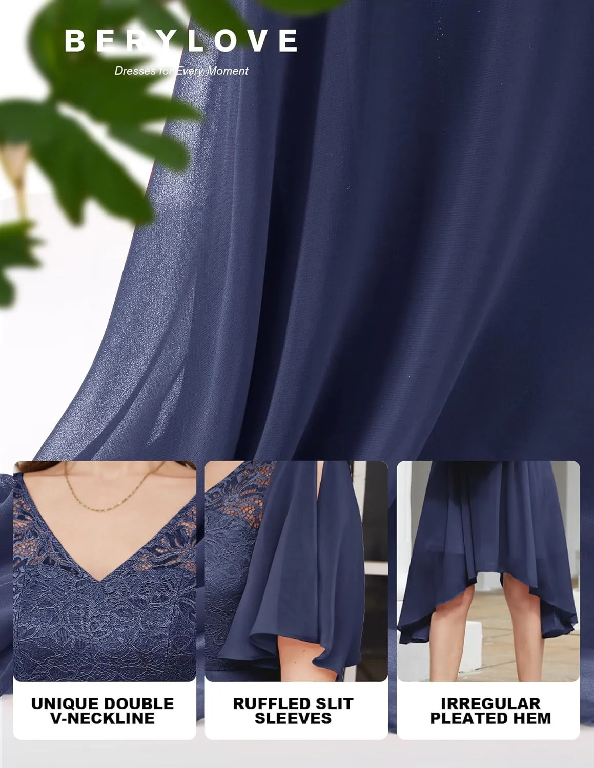 BeryLove Women's Prom Cocktail Formal Wedding Guest Lace Dress 2025 Flutter Sleeve Hem Bridesmaid Dresses