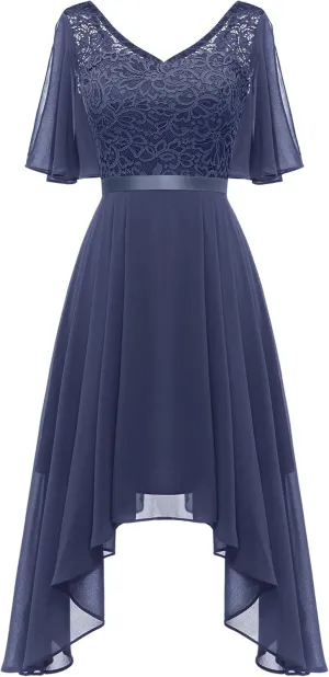 BeryLove Women's Prom Cocktail Formal Wedding Guest Lace Dress 2025 Flutter Sleeve Hem Bridesmaid Dresses