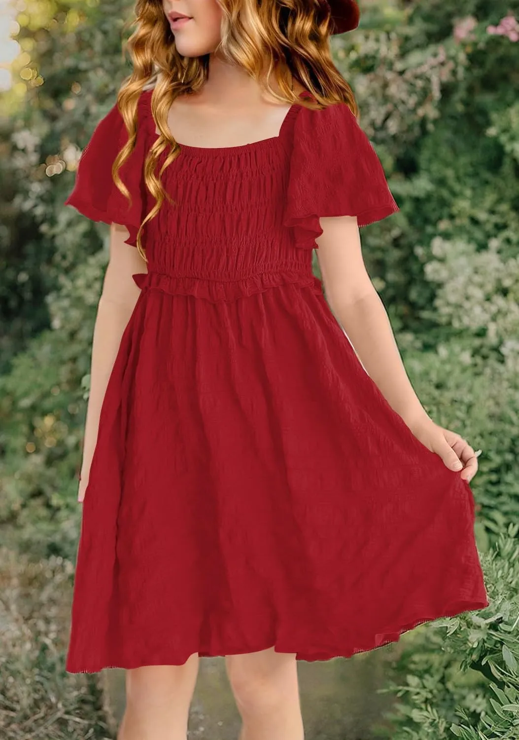 BesserBay Summer Girls Square Neck Smocked Short Sleeve Solid Midi Dress 5-14 Years