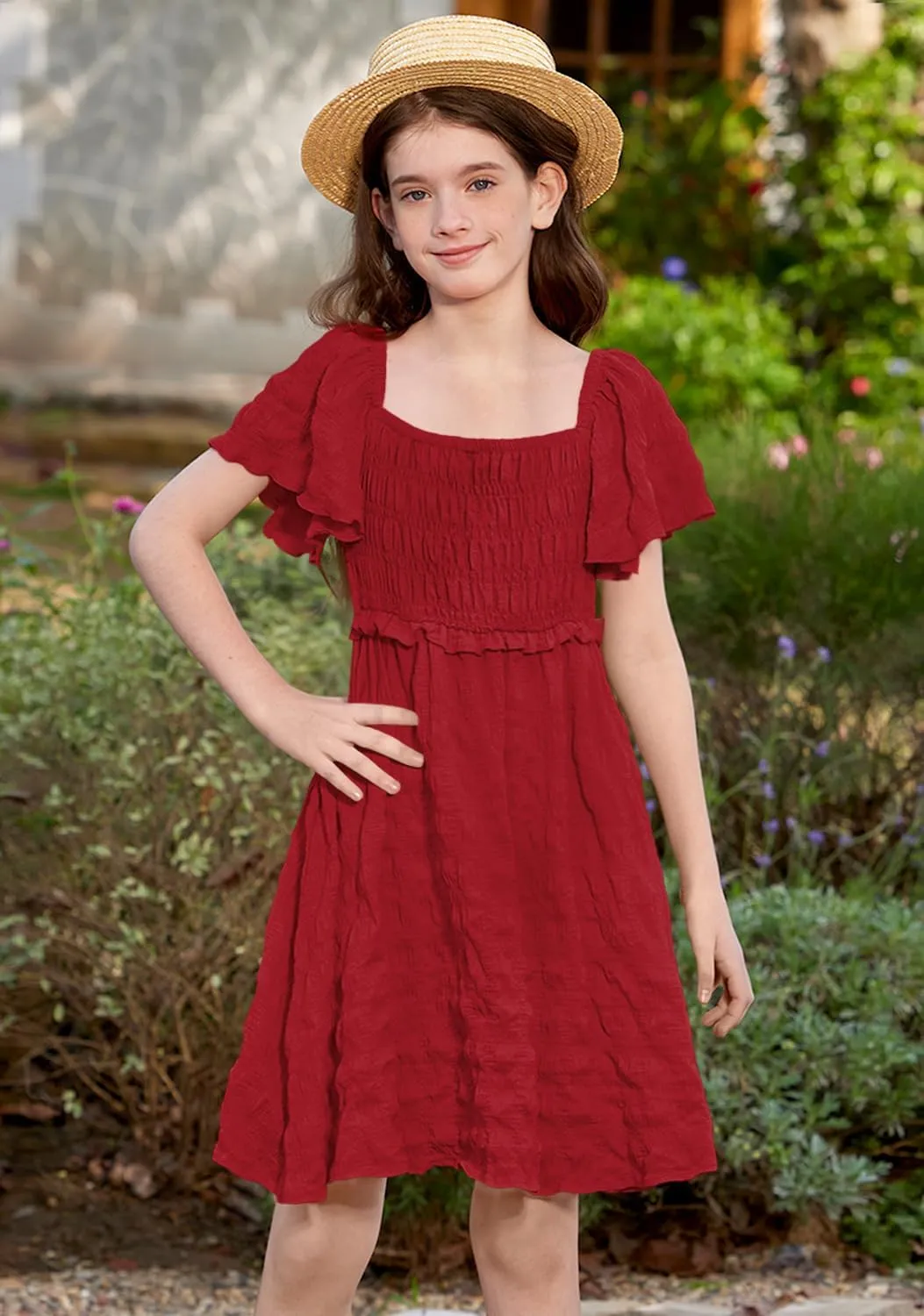 BesserBay Summer Girls Square Neck Smocked Short Sleeve Solid Midi Dress 5-14 Years