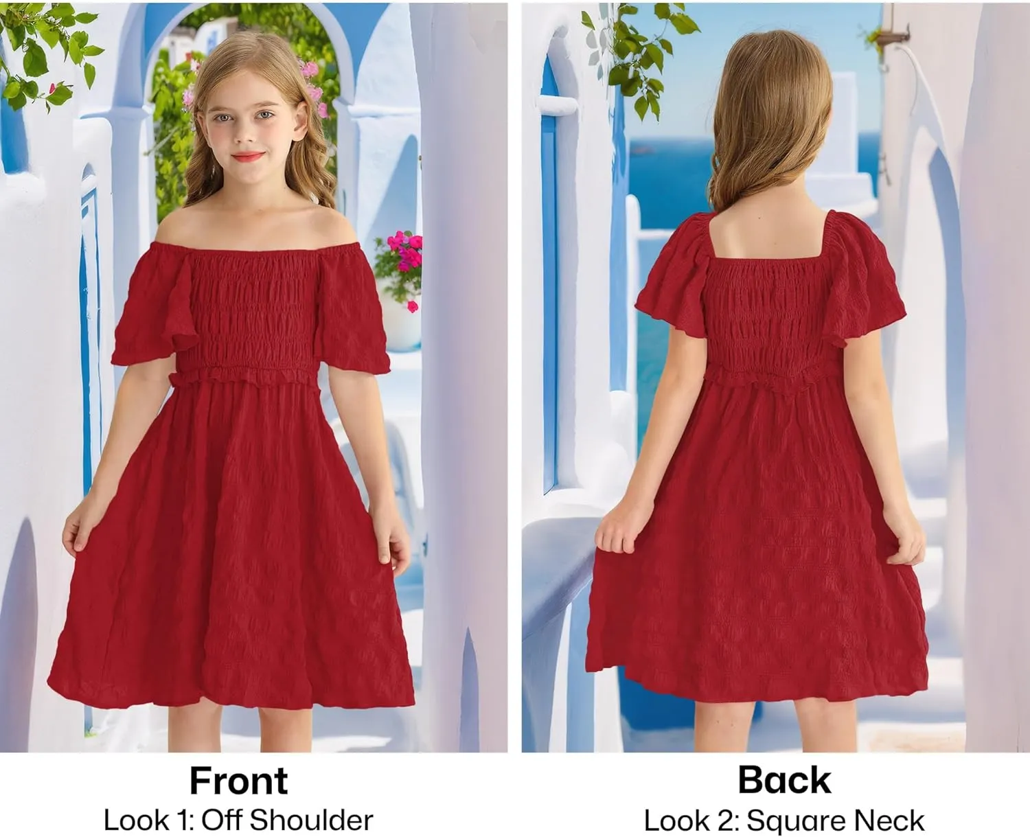 BesserBay Summer Girls Square Neck Smocked Short Sleeve Solid Midi Dress 5-14 Years