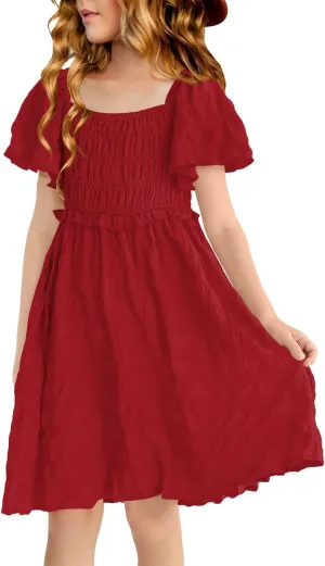 BesserBay Summer Girls Square Neck Smocked Short Sleeve Solid Midi Dress 5-14 Years