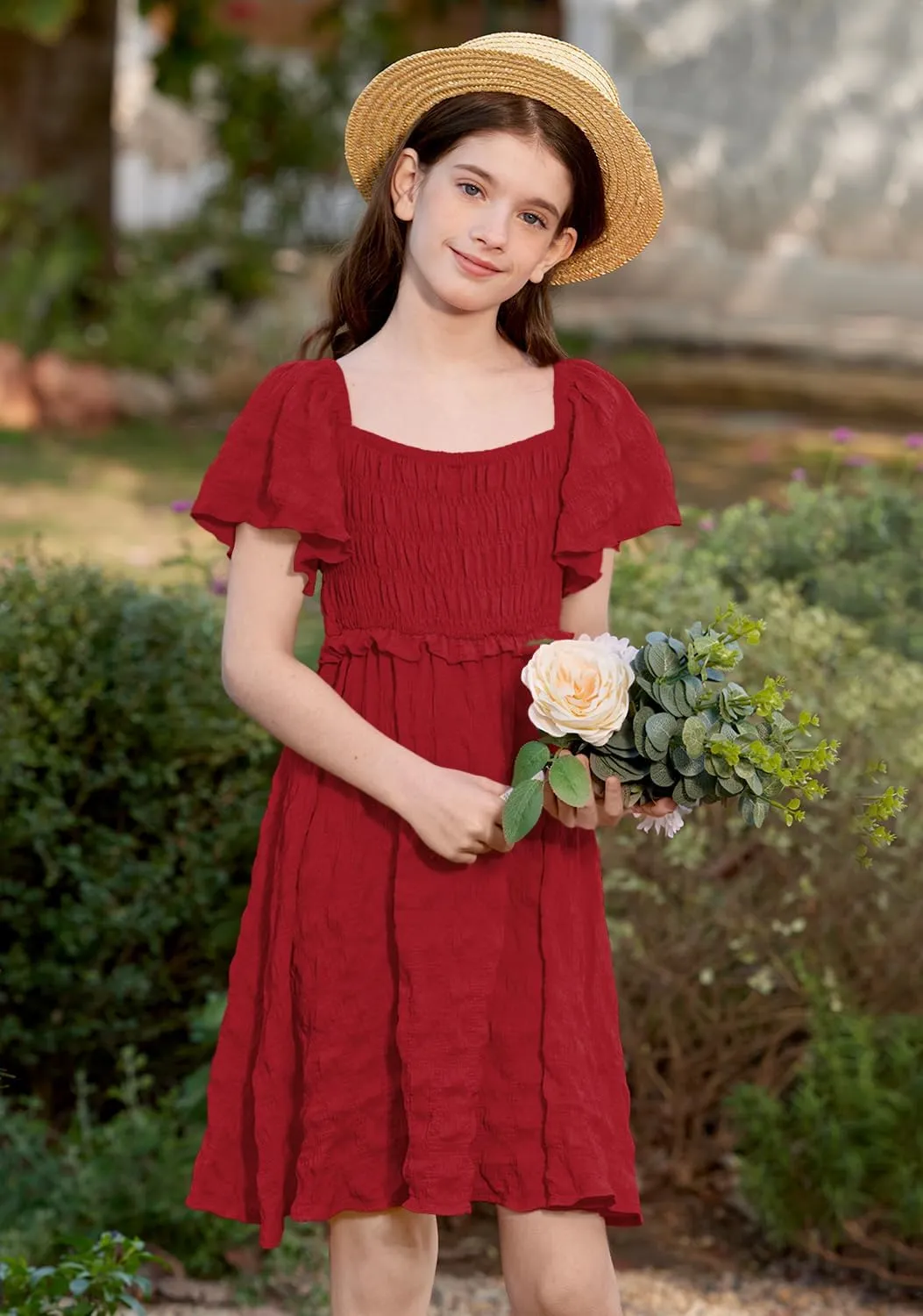 BesserBay Summer Girls Square Neck Smocked Short Sleeve Solid Midi Dress 5-14 Years