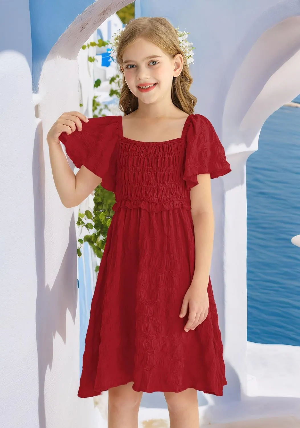 BesserBay Summer Girls Square Neck Smocked Short Sleeve Solid Midi Dress 5-14 Years