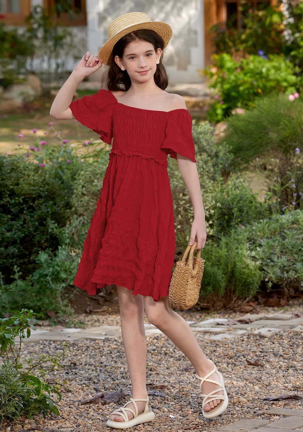 BesserBay Summer Girls Square Neck Smocked Short Sleeve Solid Midi Dress 5-14 Years