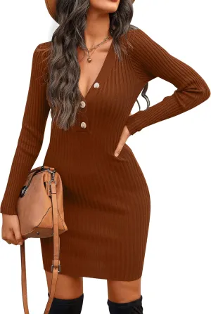 Blooming Jelly Womens Long Sleeve Sweater Dress Sexy V Neck Bodycon Mini Fall Dress Trendy Ribbed Knit Ladies Winter Sweater