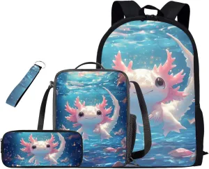 Blue Axolotl Girls Backpack and Lunch Box Set 17 Inch Little Kid Backpacks for Senior Year 4pcs Simple Modern Lunch Bag Pencil Case for School Large Capacity Easy Clean Lightweight