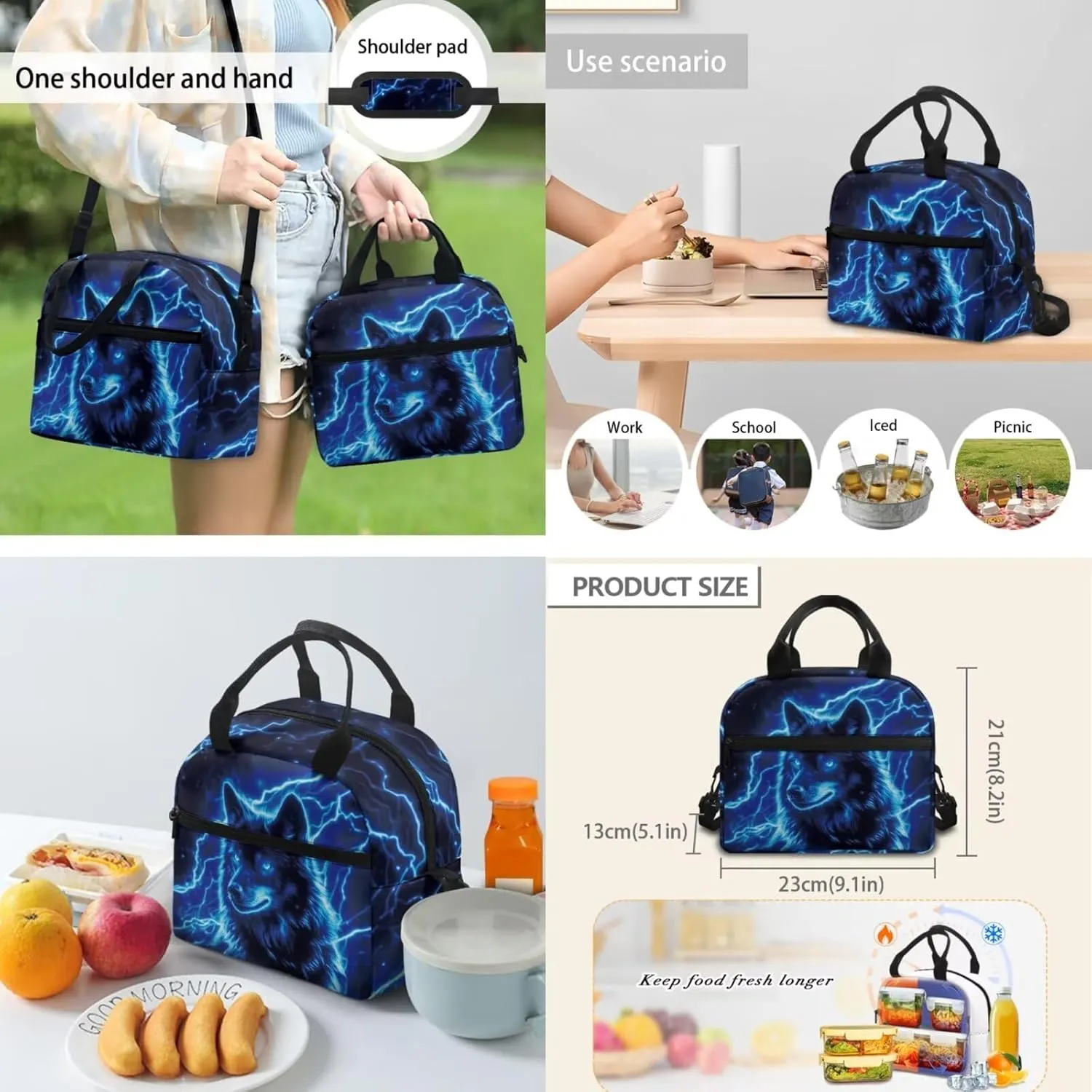 Blue Wolf Backpack Lunchbox Set for Girls 17 Inch Elementary School Backpack for Boys Lightweight Easy Clean Lightweight Vacuum Insulated Flask Sling Bag with Water Bottle Holder Girls