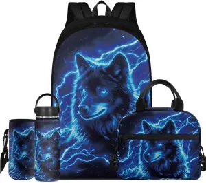 Blue Wolf Backpack Lunchbox Set for Girls 17 Inch Elementary School Backpack for Boys Lightweight Easy Clean Lightweight Vacuum Insulated Flask Sling Bag with Water Bottle Holder Girls