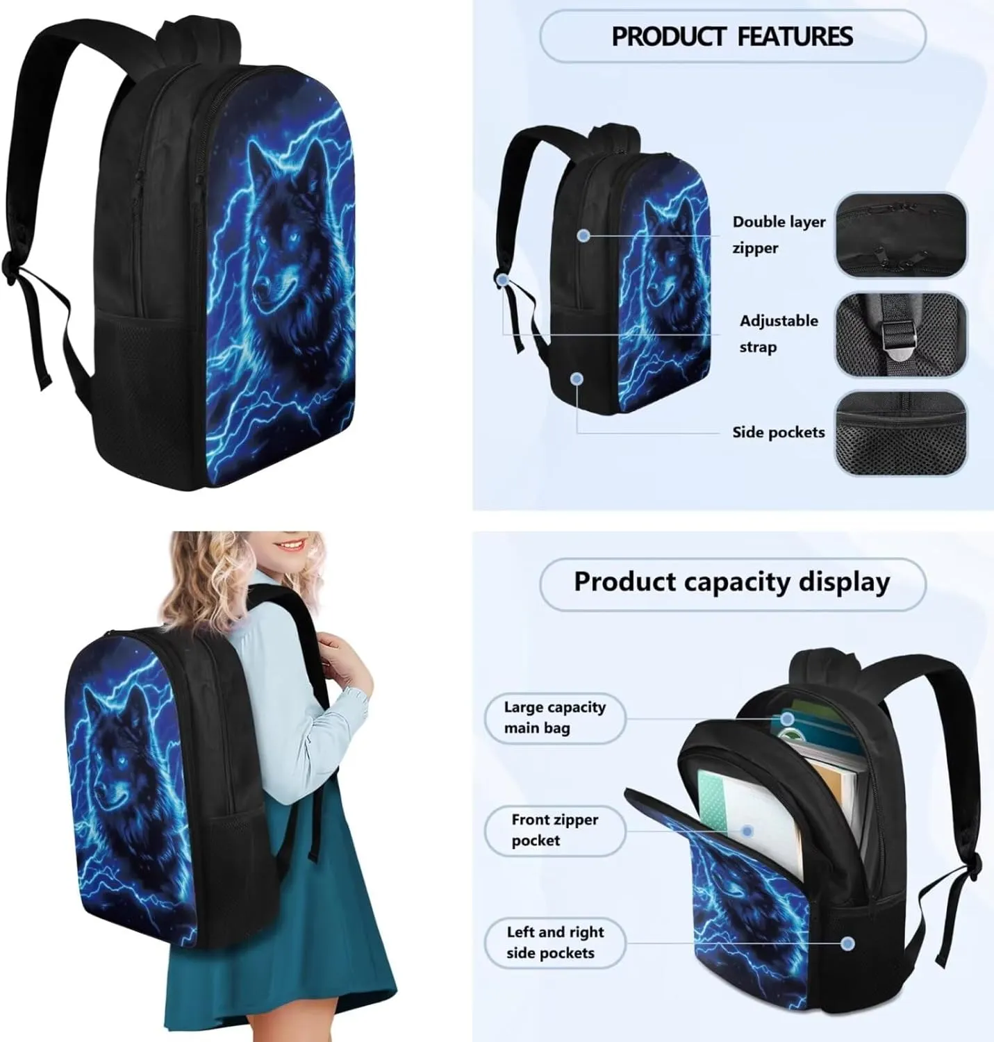 Blue Wolf Backpack Lunchbox Set for Girls 17 Inch Elementary School Backpack for Boys Lightweight Easy Clean Lightweight Vacuum Insulated Flask Sling Bag with Water Bottle Holder Girls
