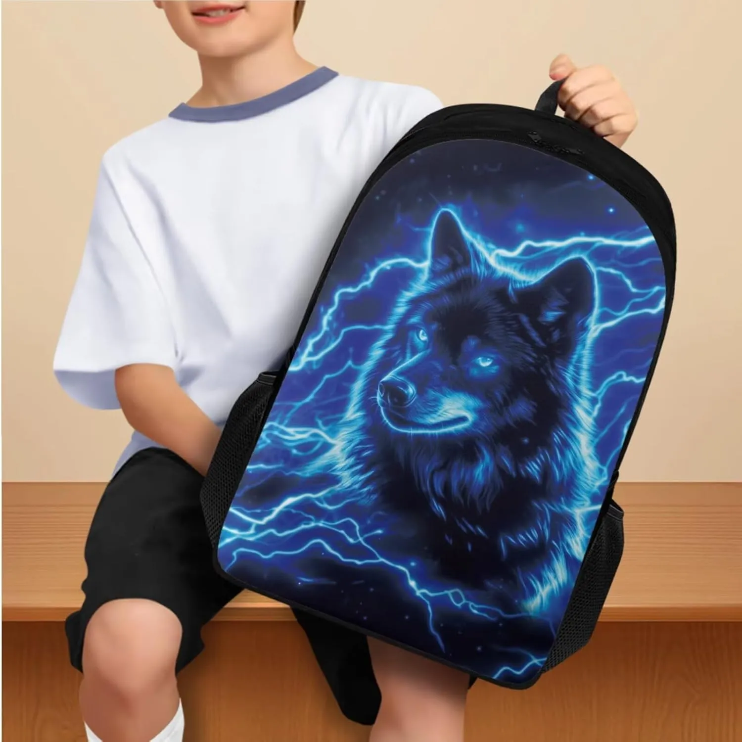 Blue Wolf Backpack Lunchbox Set for Girls 17 Inch Elementary School Backpack for Boys Lightweight Easy Clean Lightweight Vacuum Insulated Flask Sling Bag with Water Bottle Holder Girls