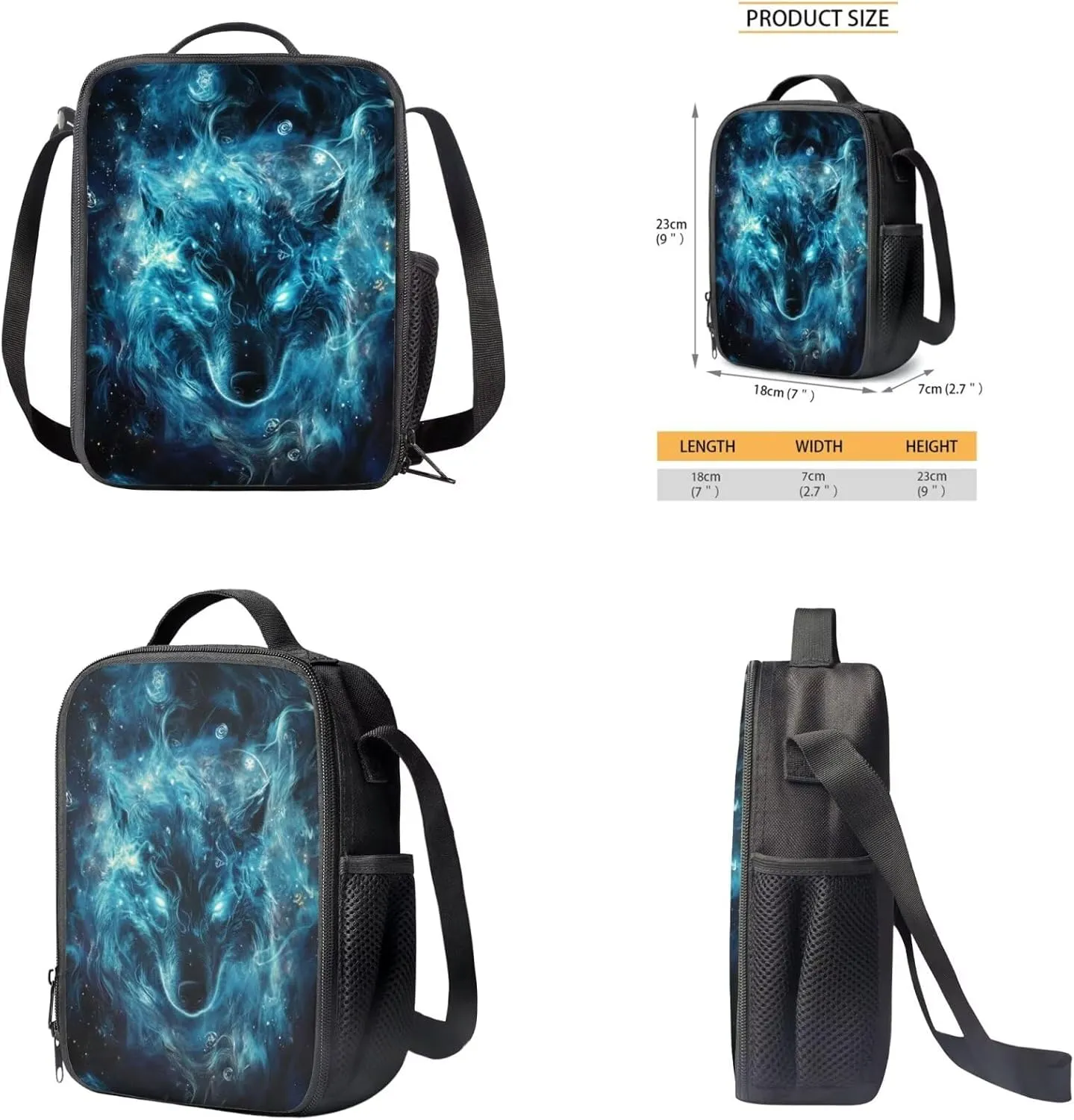 Blue Wolf Bookbag and Lunch Box Set for Boys 17 Inch Preppy Backpacks for Teen Girls Pencil Case Kids Insulated Keychain Wristlet Cute 4 Piece Large Capacity Easy Clean Lightweight School