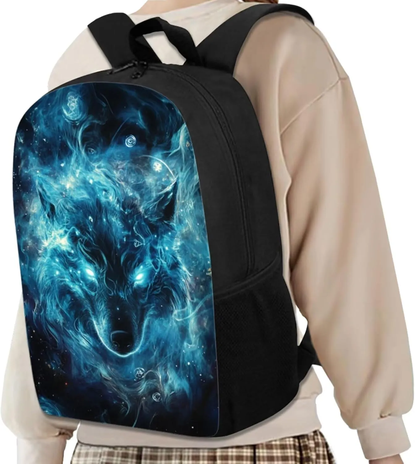 Blue Wolf Bookbag and Lunch Box Set for Boys 17 Inch Preppy Backpacks for Teen Girls Pencil Case Kids Insulated Keychain Wristlet Cute 4 Piece Large Capacity Easy Clean Lightweight School