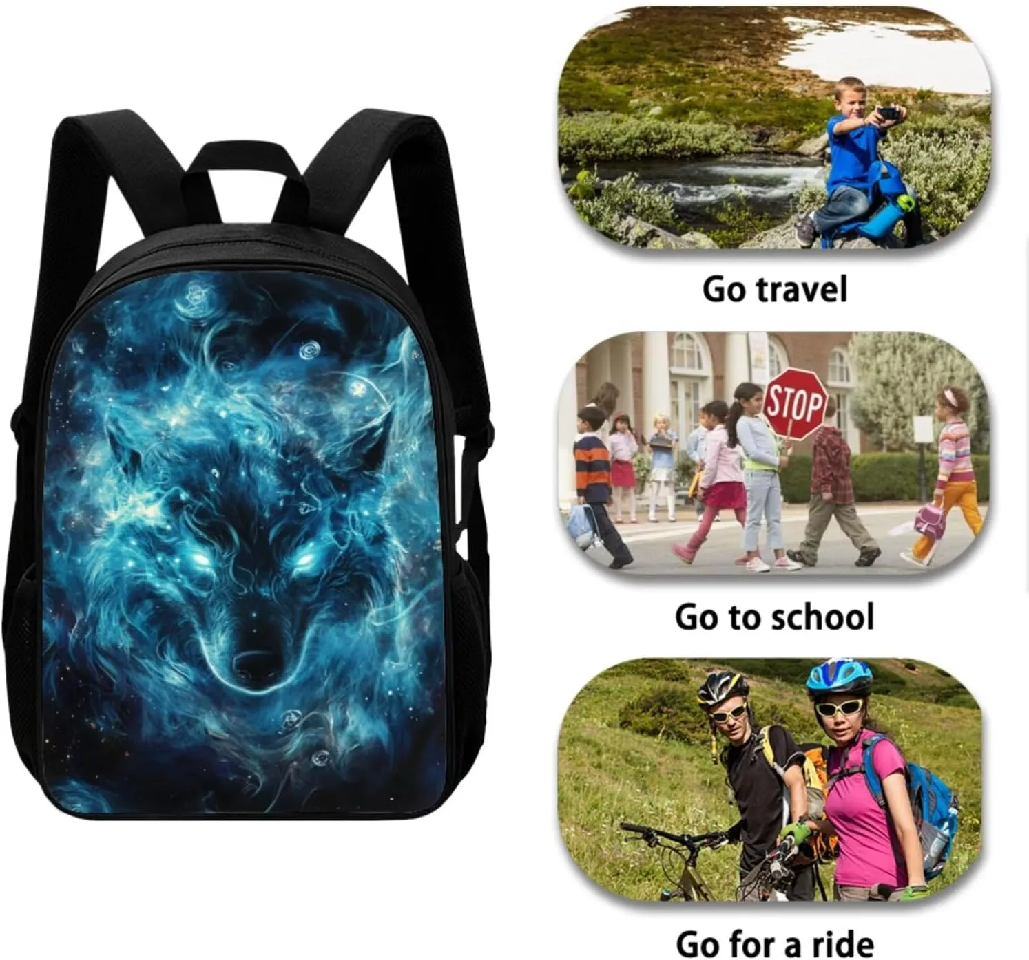 Blue Wolf Bookbag and Lunch Box Set for Boys 17 Inch Preppy Backpacks for Teen Girls Pencil Case Kids Insulated Keychain Wristlet Cute 4 Piece Large Capacity Easy Clean Lightweight School