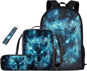 Blue Wolf Bookbag and Lunch Box Set for Boys 17 Inch Preppy Backpacks for Teen Girls Pencil Case Kids Insulated Keychain Wristlet Cute 4 Piece Large Capacity Easy Clean Lightweight School