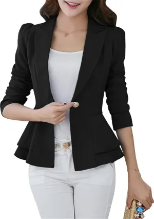 BOFETA Women's Long Sleeve Blazer One Button Solid Color Business Jacket Blazer Notched Collar Slim Oversized Office Coat