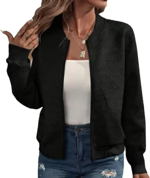 Bomber Jacket Women Lightweight Zip Up Quilted Jackets Fall 2024 Dressy Casual Full Zip Hoodies with Hidden Pockets