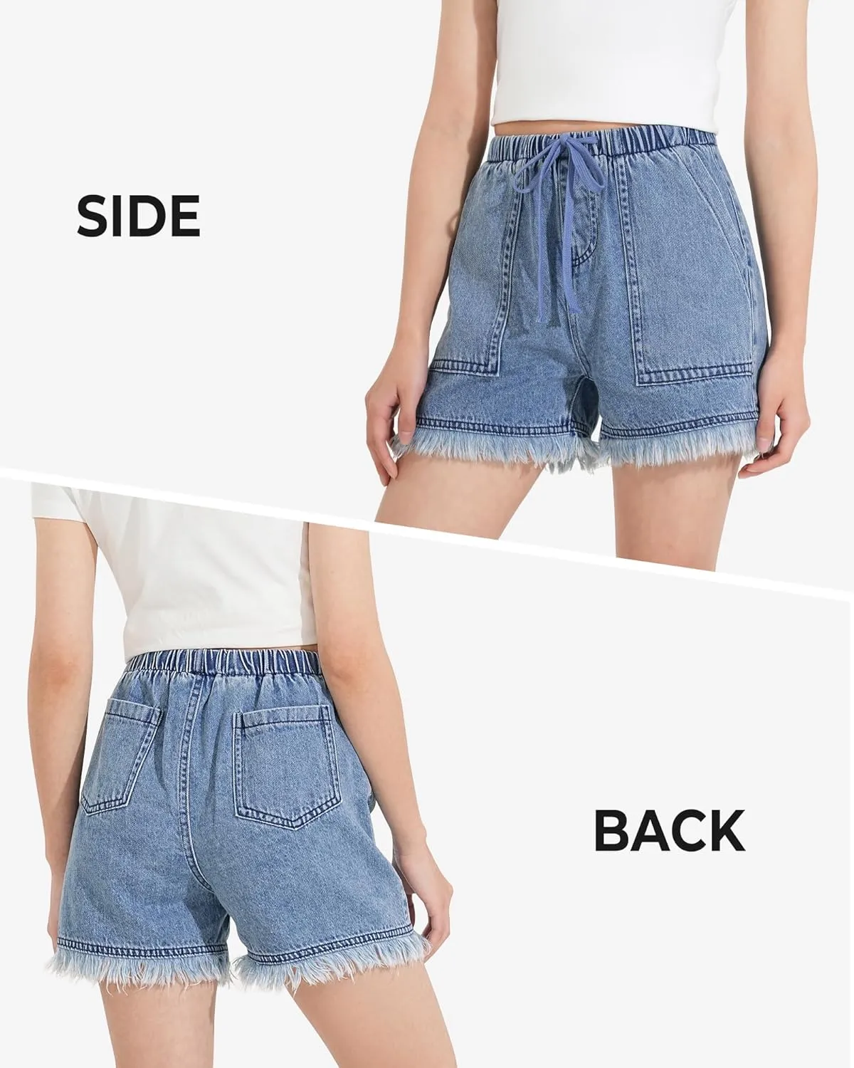BOOPH Little Girls Jean Shorts Denim Elastic Waist Drawstring Shorty Shorts for Teen Girls