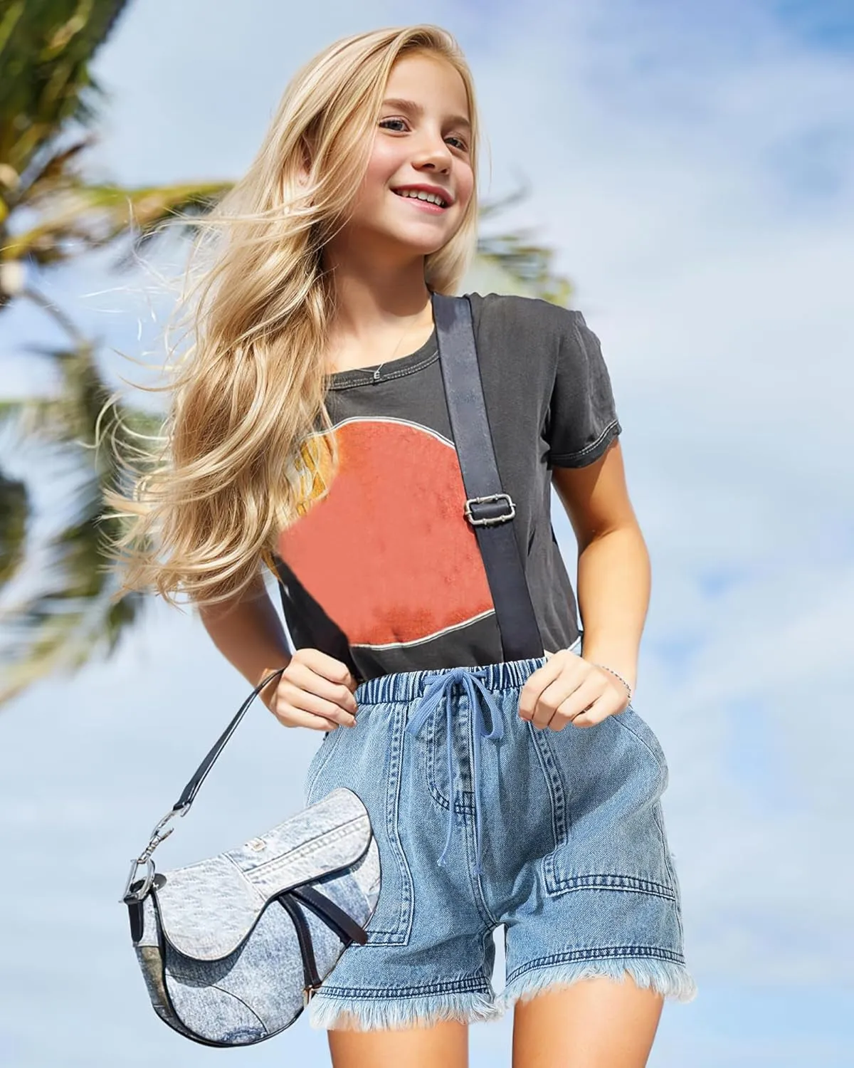 BOOPH Little Girls Jean Shorts Denim Elastic Waist Drawstring Shorty Shorts for Teen Girls