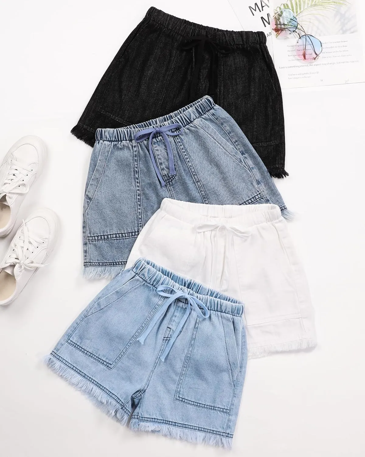 BOOPH Little Girls Jean Shorts Denim Elastic Waist Drawstring Shorty Shorts for Teen Girls