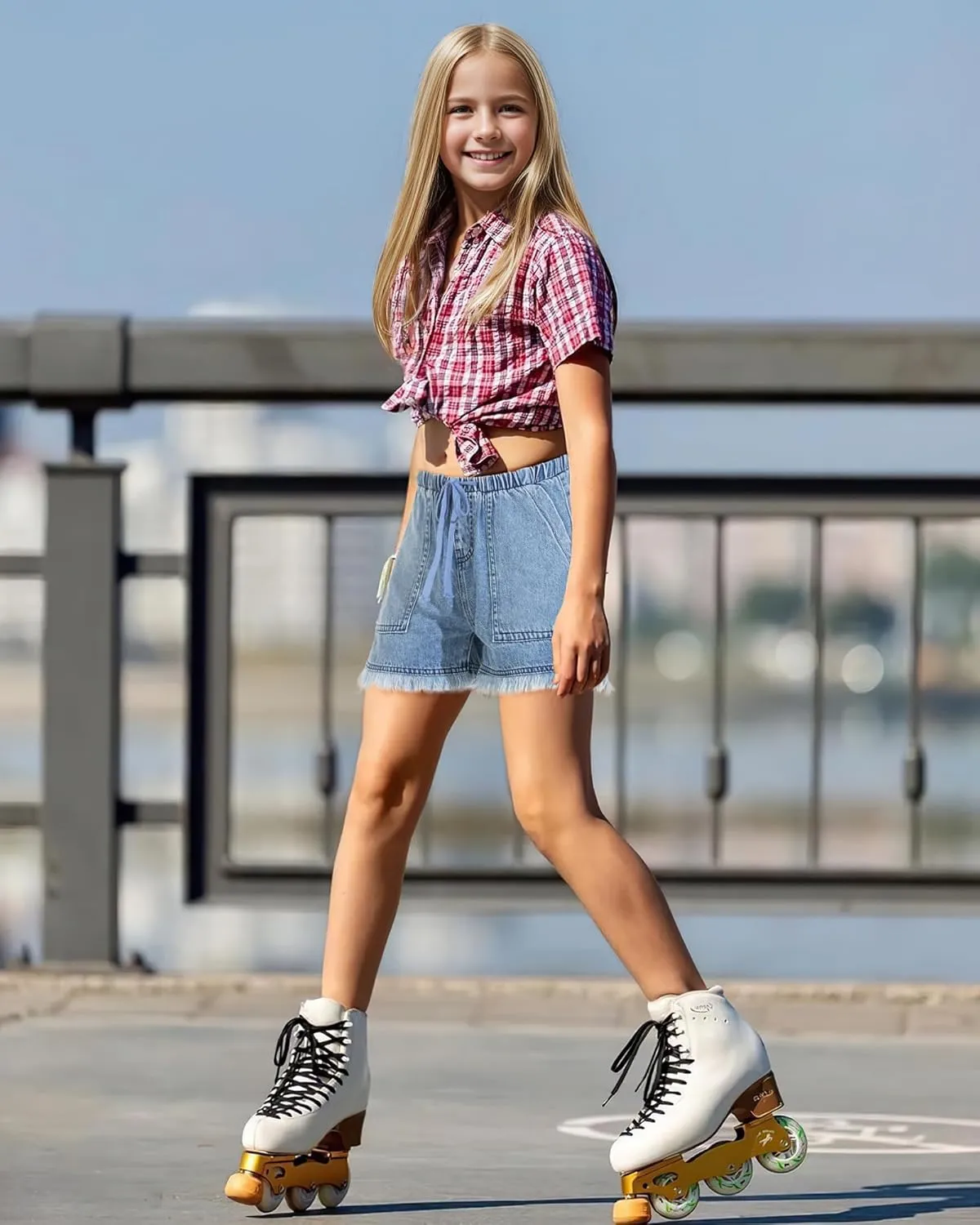 BOOPH Little Girls Jean Shorts Denim Elastic Waist Drawstring Shorty Shorts for Teen Girls