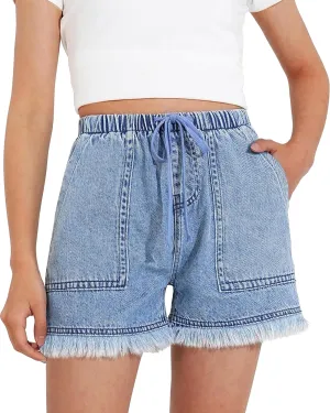 BOOPH Little Girls Jean Shorts Denim Elastic Waist Drawstring Shorty Shorts for Teen Girls
