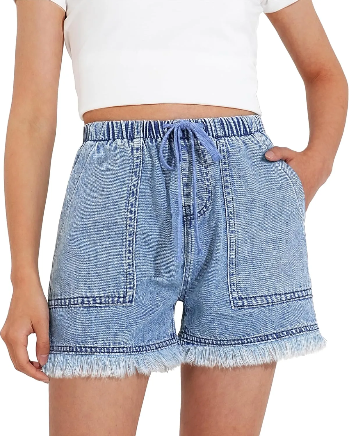 BOOPH Little Girls Jean Shorts Denim Elastic Waist Drawstring Shorty Shorts for Teen Girls