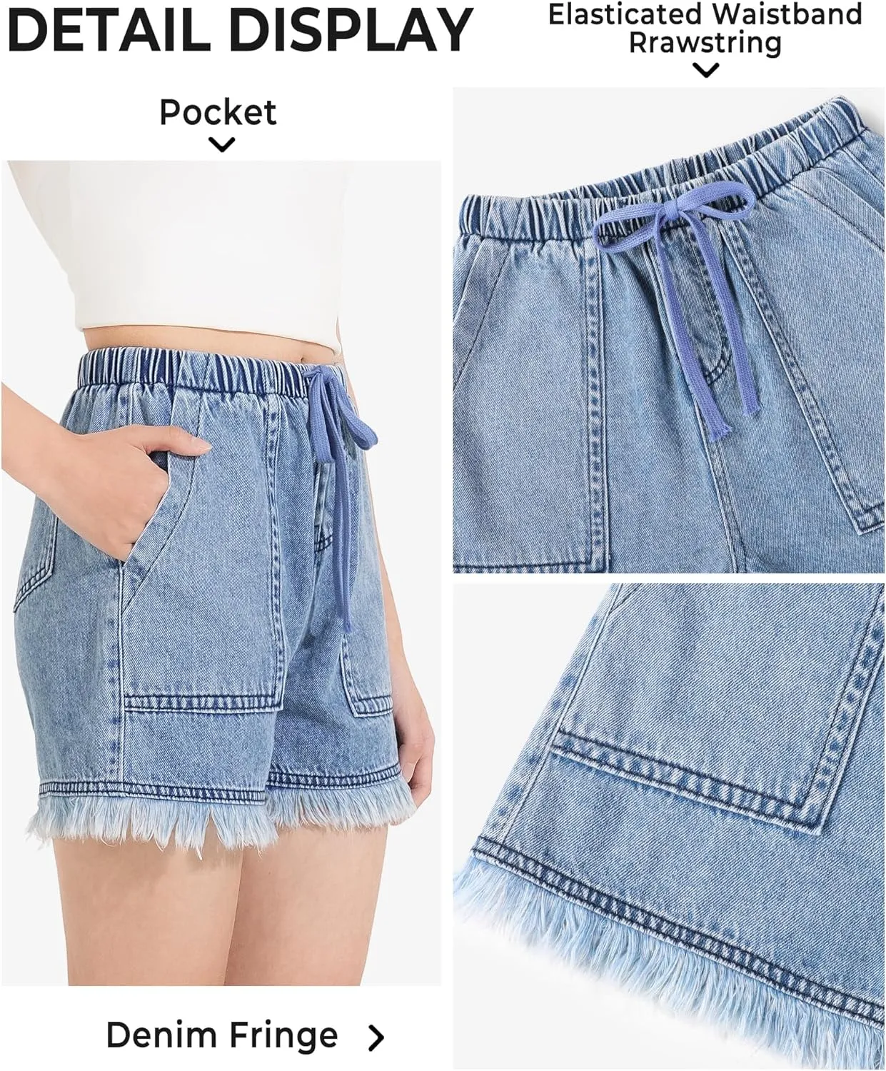 BOOPH Little Girls Jean Shorts Denim Elastic Waist Drawstring Shorty Shorts for Teen Girls