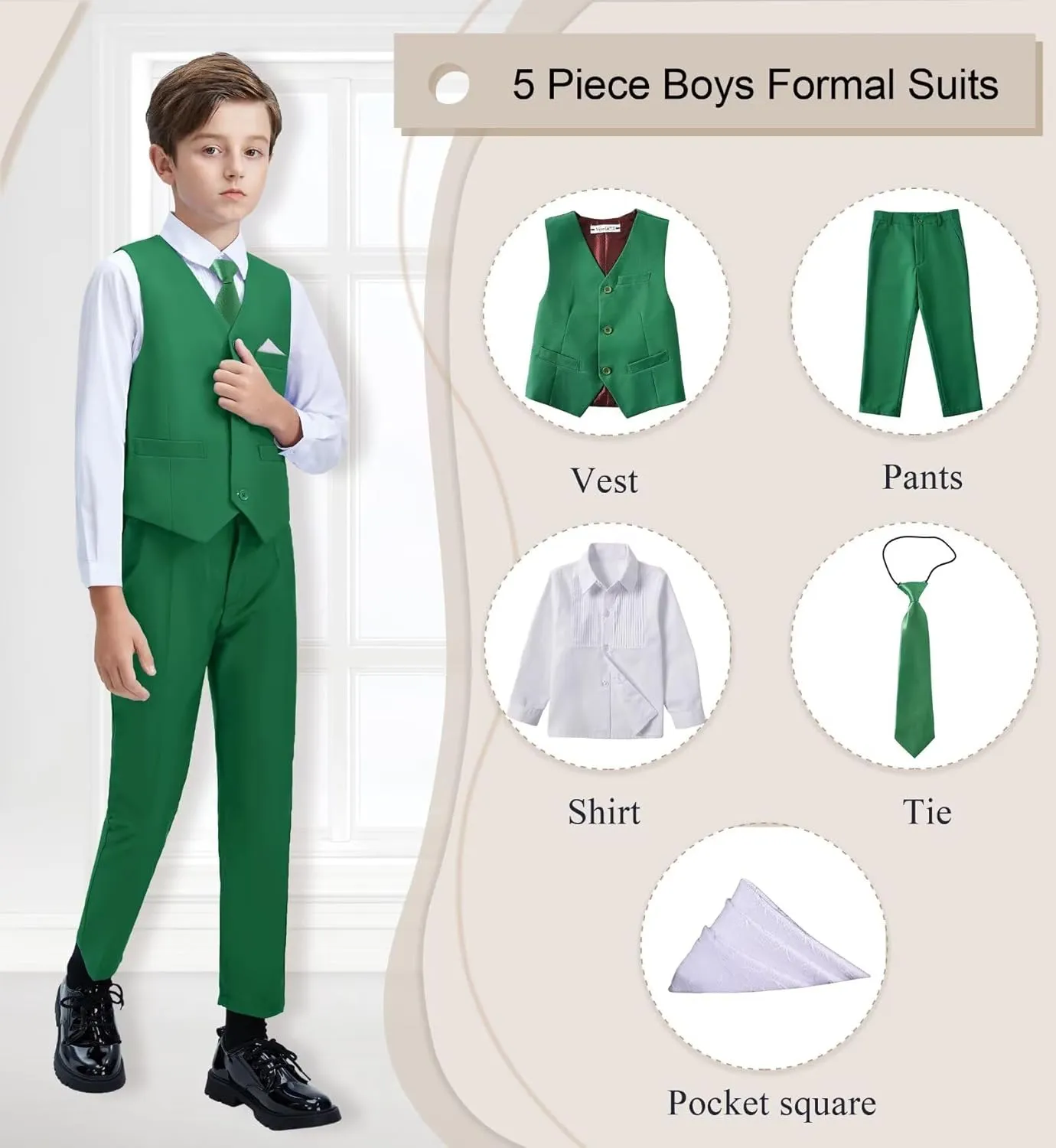Boys Suit Formal Dress Pants Vest Suit Set for Boys Wedding Outfits with Dress Shirt Tie and Pocket Square