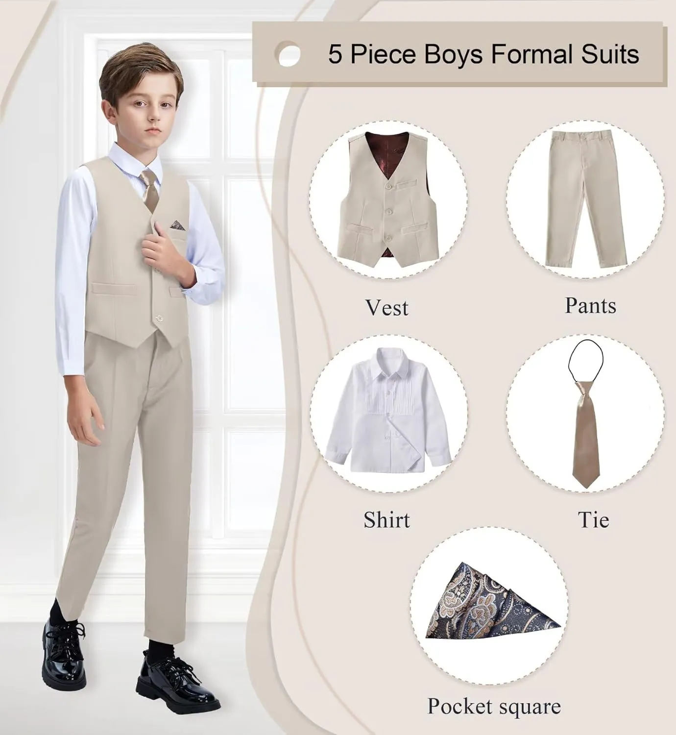 Boys Suit Formal Dress Pants Vest Suit Set for Boys Wedding Outfits with Dress Shirt Tie and Pocket Square