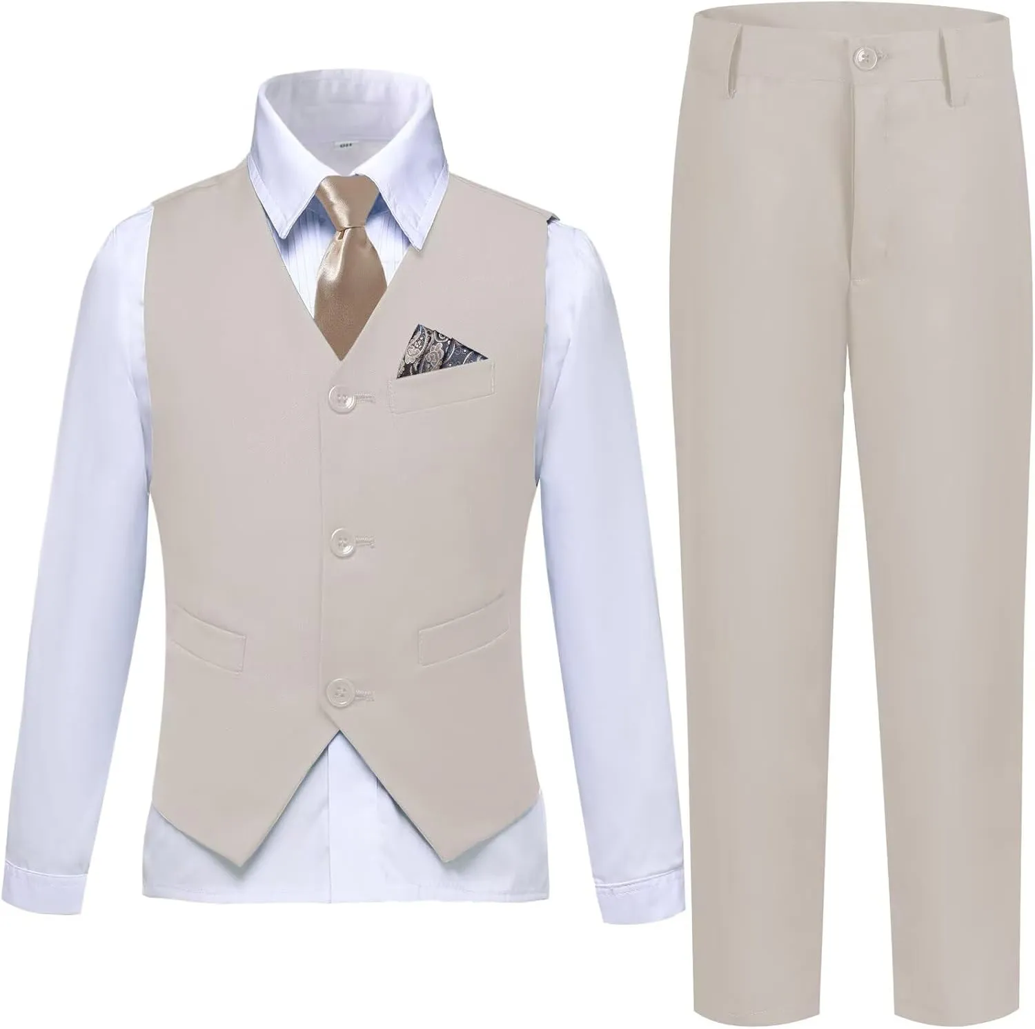 Boys Suit Formal Dress Pants Vest Suit Set for Boys Wedding Outfits with Dress Shirt Tie and Pocket Square