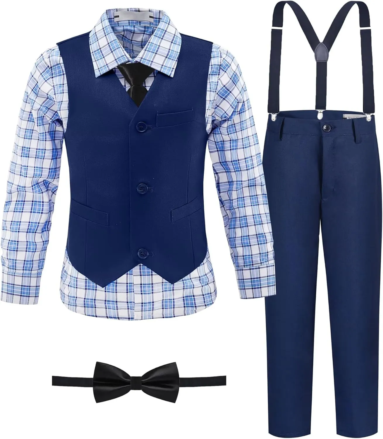Boys' Suit Kids Formal Tuxedo Suits for Boys Wedding Outfits Dress Vest Pants Suspenders Set Adjustable Waist