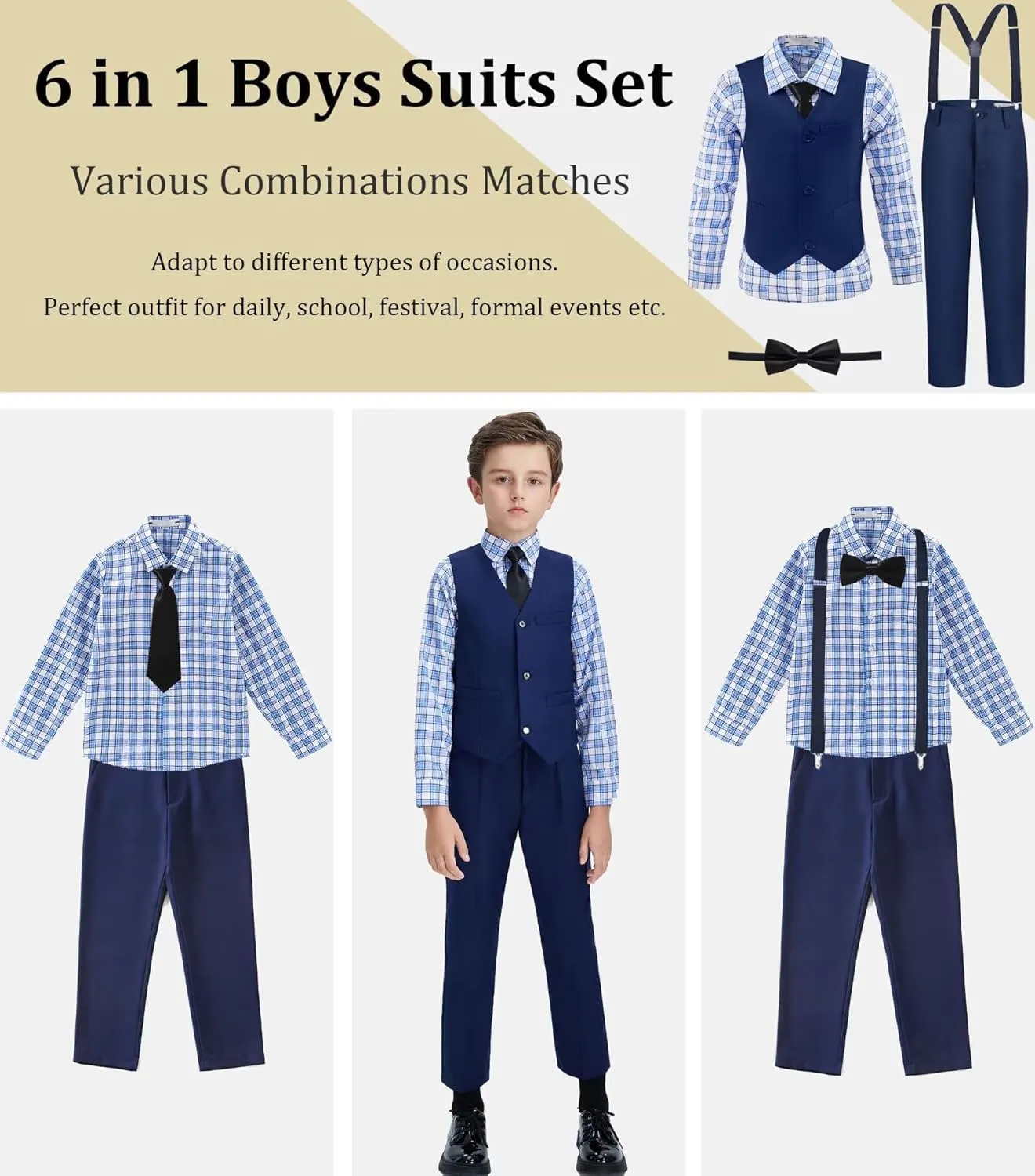 Boys' Suit Kids Formal Tuxedo Suits for Boys Wedding Outfits Dress Vest Pants Suspenders Set Adjustable Waist